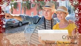  Presentation with city map - Slide deck featuring happy tourist couple using map in the city against snow background and a coral colored foreground