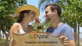  Presentation with map - Cool new slides with happy tourist couple with map backdrop and a  colored foreground