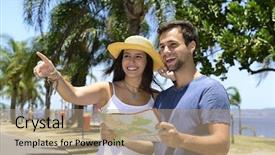  Presentation with map - Beautiful theme featuring happy tourist couple with map backdrop and a coral colored foreground