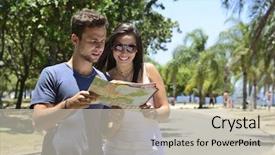  Presentation with map - Slide set enhanced with happy tourist couple with map background and a  colored foreground