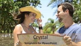  Presentation with map - Beautiful slide set featuring happy tourist couple with map backdrop and a  colored foreground