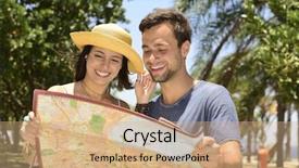  Presentation with map - Presentation theme featuring happy tourist couple with map background and a  colored foreground