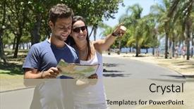  Presentation with map - Cool new presentation theme with happy tourist couple with map backdrop and a  colored foreground