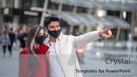  Presentation with walking together - Audience pleasing PPT theme consisting of happy-tourists-couple-walking-together backdrop and a light gray colored foreground