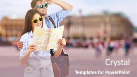  Presentation with city street - PPT layouts consisting of happy-tourists-on-street background and a coral colored foreground