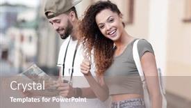  Presentation with tourists - Theme enhanced with happy tourists taking a walk in a city street in a sunny day background and a gray colored foreground