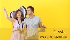  Presentation with tourists - Theme with happy tourists with map on color background background and a yellow colored foreground