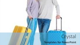  Presentation with tourists - Slides having happy tourists with suitcases on white background background and a teal colored foreground