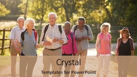  Presentation with hiking - Amazing PPT theme having happy trails - group of senior friends hiking backdrop and a coral colored foreground