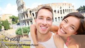  Presentation with young happy couple - Beautiful PPT theme featuring happy travel couple in piggyback backdrop and a coral colored foreground