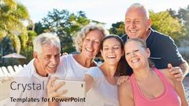  Presentation with tour guide - Slide set consisting of happy-travel-group-seniors-makes background and a coral colored foreground