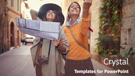  Presentation with tourists - Colorful slide set enhanced with happy-travel-young-women-tourists backdrop and a tawny brown colored foreground