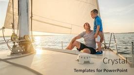  Presentation with yachting - Presentation theme having happy-traveler-father-and-son background and a coral colored foreground