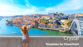  Presentation with traveler - Slide set featuring happy-traveler-woman-in-porto background and a gray colored foreground