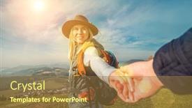  Presentation with traveler - Beautiful PPT theme featuring happy traveler woman tourist stay on the green grass on the peak of mountain and look on the nice fog view concept follow me freedom backdrop and a coral colored foreground
