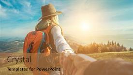  Presentation with traveler - Colorful presentation theme enhanced with happy traveler woman tourist stay on the green grass on the peak of mountain and look on the nice fog view concept follow me freedom backdrop and a coral colored foreground