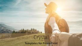  Presentation with traveler - Audience pleasing slide set consisting of happy traveler woman tourist stay on the green grass on the peak of mountain and look on the nice fog view concept follow me freedom backdrop and a coral colored foreground