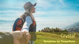  Presentation with traveler - PPT layouts having happy-traveler-woman-tourist-stay background and a tawny brown colored foreground