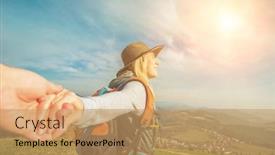  Presentation with mountain view - Cool new PPT layouts with happy-traveler-woman-tourist-stay backdrop and a coral colored foreground