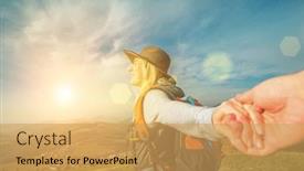  Presentation with traveler - Slide deck with happy-traveler-woman-tourist-stay background and a yellow colored foreground