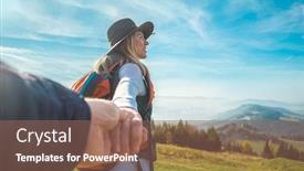  Presentation with mountain view - Slide set consisting of happy-traveler-woman-tourist-stay background and a violet colored foreground