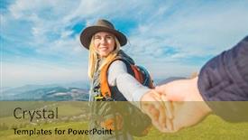  Presentation with traveler - PPT theme consisting of happy-traveler-woman-tourist-stay background and a gold colored foreground