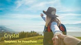  Presentation with traveler - PPT theme featuring happy-traveler-woman-tourist-stay background and a tawny brown colored foreground