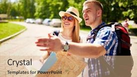  Presentation with foreign - Colorful presentation theme enhanced with happy travelers with rucksacks and guide spending vacation in foreign city backdrop and a coral colored foreground