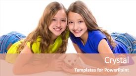  Presentation with sister - Cool new PPT theme with happy twin sister kid girls and puppy dog lying playing on white background backdrop and a coral colored foreground