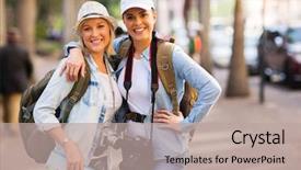  Presentation with touring - Slide deck consisting of happy two female friends touring together in the city background and a mint green colored foreground