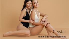  Presentation with women - Beautiful slide deck featuring happy-two-women-wearing-swimsuits backdrop and a coral colored foreground