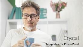  Presentation with aged - PPT theme having happy-uncombed-middle-aged-man background and a light gray colored foreground