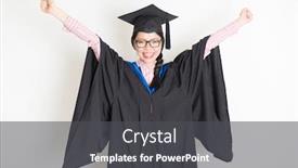  Presentation with graduation - Theme having happy university student in graduation gown and cap arms raised and smiling portrait of east asian female model standing on plain background background and a dark gray colored foreground