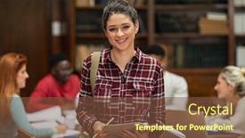  Presentation with university library - Slide deck featuring happy-university-student-looking background and a tawny brown colored foreground