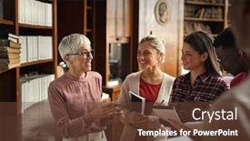  Presentation with university library - Slide deck having happy-university-students-talking background and a tawny brown colored foreground