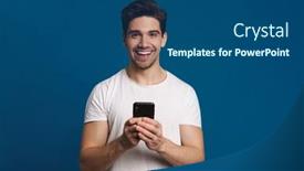  Presentation with phone - Presentation theme enhanced with happy-unshaven-guy-smiling background and a ocean colored foreground
