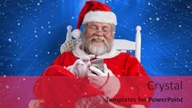  Presentation with phone - PPT theme featuring happy using mobile phone against digitally generated blue background background and a red colored foreground