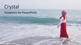  Presentation with middle eastern traditional dishes falafel - PPT theme featuring happy vacation on sea beach background and a  colored foreground