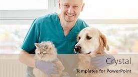  Presentation with cat dog - Slides with happy-veterinarian-hugging-dog background and a coral colored foreground