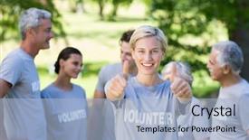  Presentation with volunteer - Beautiful presentation design featuring happy volunteer blonde with thumbs up on a sunny day backdrop and a light blue colored foreground