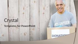  Presentation with donation - PPT layouts having happy volunteer senior holding donation box against wooden background background and a light gray colored foreground