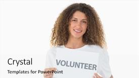  Presentation with poster on white wall above - Slides enhanced with happy volunteer showing a poster background and a  colored foreground