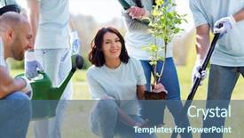  Presentation with tree planting - Slide set featuring happy volunteers planting tree background and a ocean colored foreground
