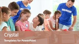  Presentation with donation - Slide deck with happy volunteers with children sorting background and a coral colored foreground