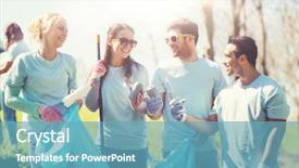  Presentation with community service happy volunteer group - Presentation theme having happy volunteers with garbage bags background and a teal colored foreground