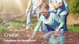  Presentation with community service happy volunteer group - Beautiful PPT theme featuring happy volunteers with garbage bags backdrop and a coral colored foreground