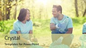  Presentation with community service happy volunteer group - Amazing slides having happy volunteers with garbage bags backdrop and a blonde colored foreground