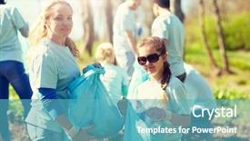  Presentation with charity - Presentation design enhanced with happy volunteers with garbage bags background and a  colored foreground