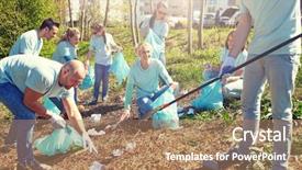  Presentation with charity - Cool new slide deck with happy volunteers with garbage bags backdrop and a coral colored foreground
