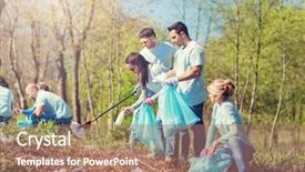  Presentation with community service happy volunteer group - Beautiful presentation design featuring happy volunteers with garbage bags backdrop and a  colored foreground